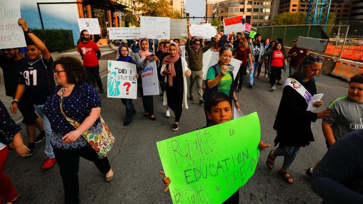 Demonstrators marched down Lexington’s Main Street in September in response to a Trump Administration decision to end the Deferred Action for Child Arrivals program.