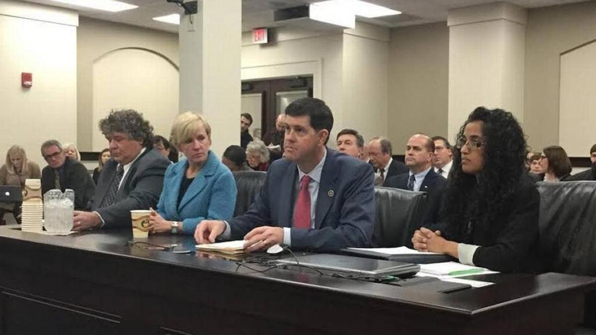 From left: Michael VonAllmen of Louisville who was wrongfully convicted of rape; Jennifer Thompson, a North Carolina rape survivor who identified the wrong man as her attacker in a separate case; state Rep. Chris Harris; and Amshula Jayaram, state policy advocate for the Innocence Project, testified before the House Judiciary Committee in March, 2016.