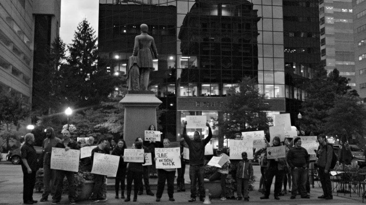 Recent protest by Take Back Cheapside group against Lexington’s Confederate statues