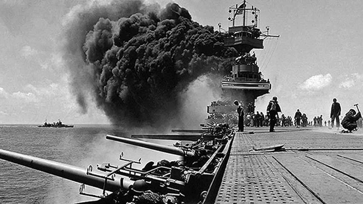 Battle of Midway on June 4, 1942 was a decisive naval battle in the Pacific Theater of World War II. This was taken from the USS Yorktown.