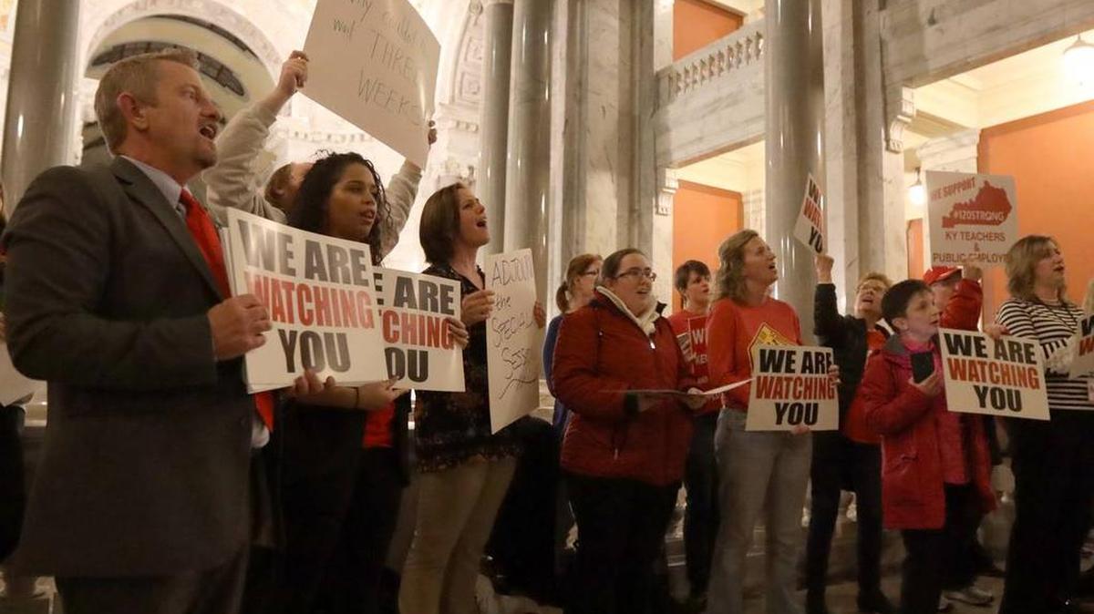 A crowd gathered earlier this month the Kentucky Capitol Rotunda to protest Gov. Matt Bevin’s special legislative session to deal with Kentucky’s ailing pension systems.