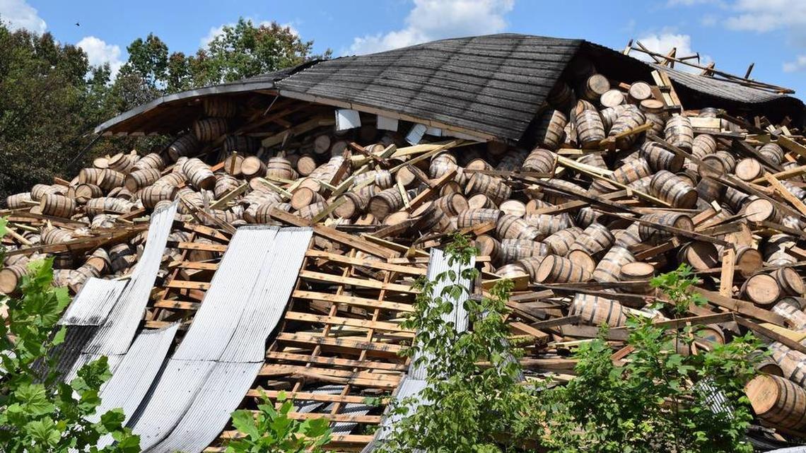 Warehouse 30 at the Barton 1792 Distillery completed its collapse Wednesday, spilling several gallons of bourbon. Half of the warehouse initially collapsed on June 22.
