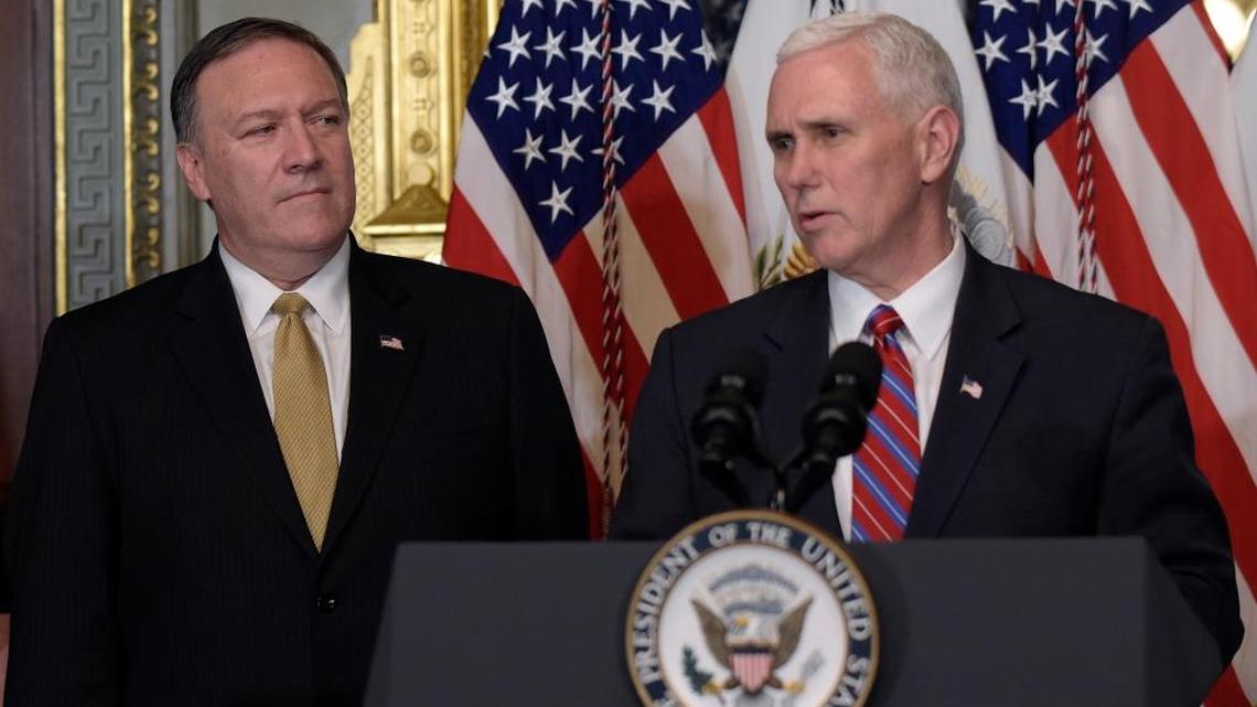 CIA Director Mike Pompeo, left, listened as Vice President Mike Pence spoke in January. Pompeo recently said his agency aims to get “more vicious.” Pence praised the U.S. nuclear arsenal.