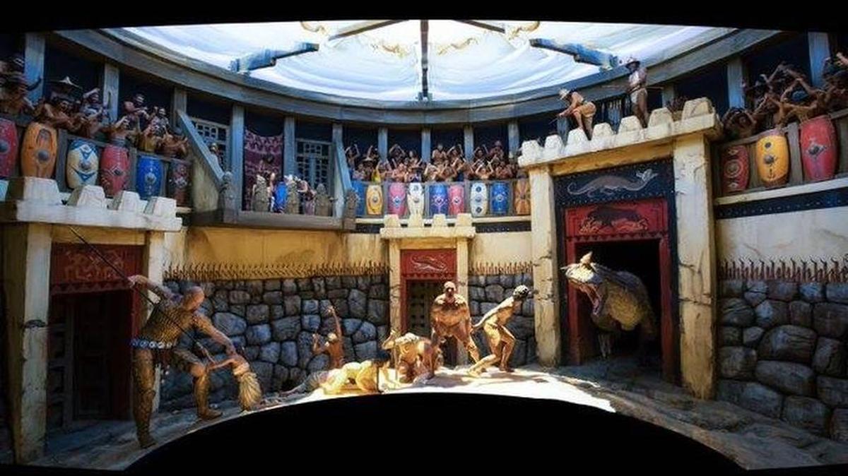 Ark Encounter exhibit showing man, giants and dinosaurs coexisting, contrary to scientific research.
