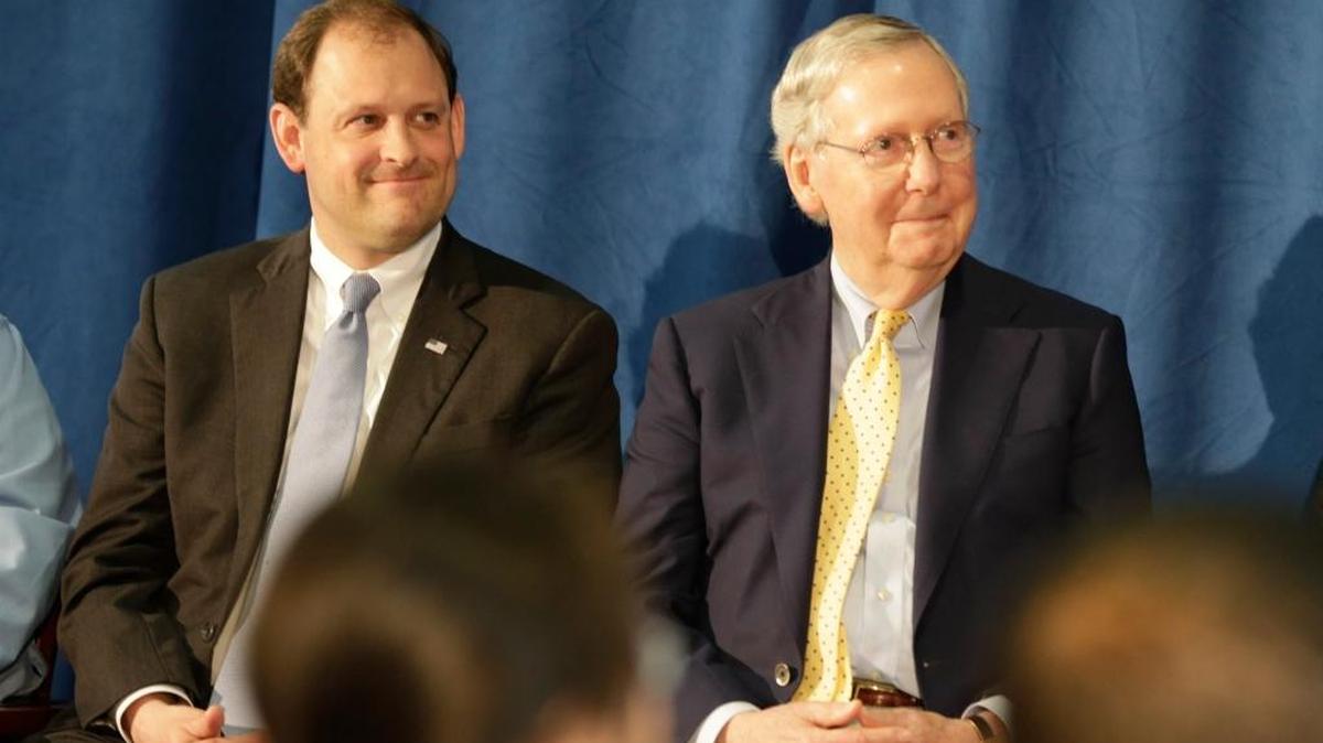 U.S. Rep. Andy Barr, Lexington, left and U.S. Sen. Mitch McConnell in a 2017 photo