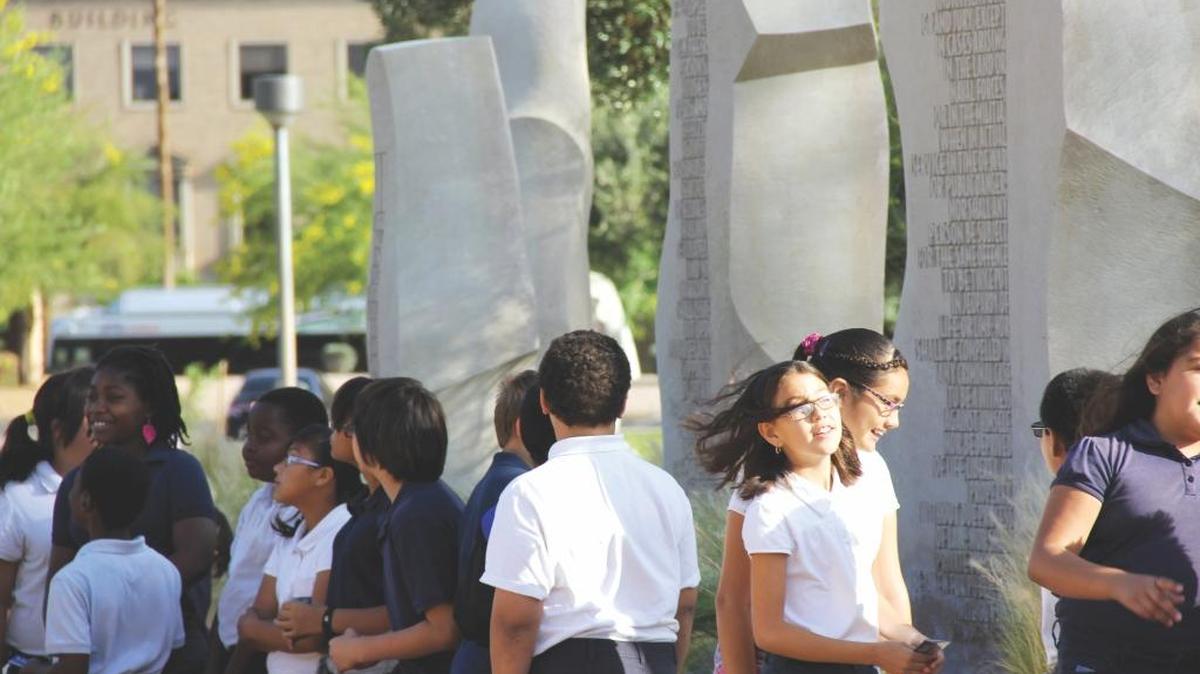School children visited the Bill of Rights Monument at the Arizona State Capitol.