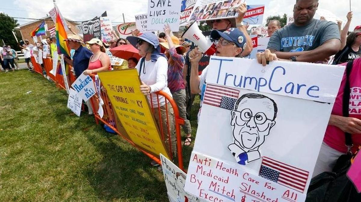 People protested health care bills considered by the U.S. Senate when Vice President Mike Pence visited Lexington.