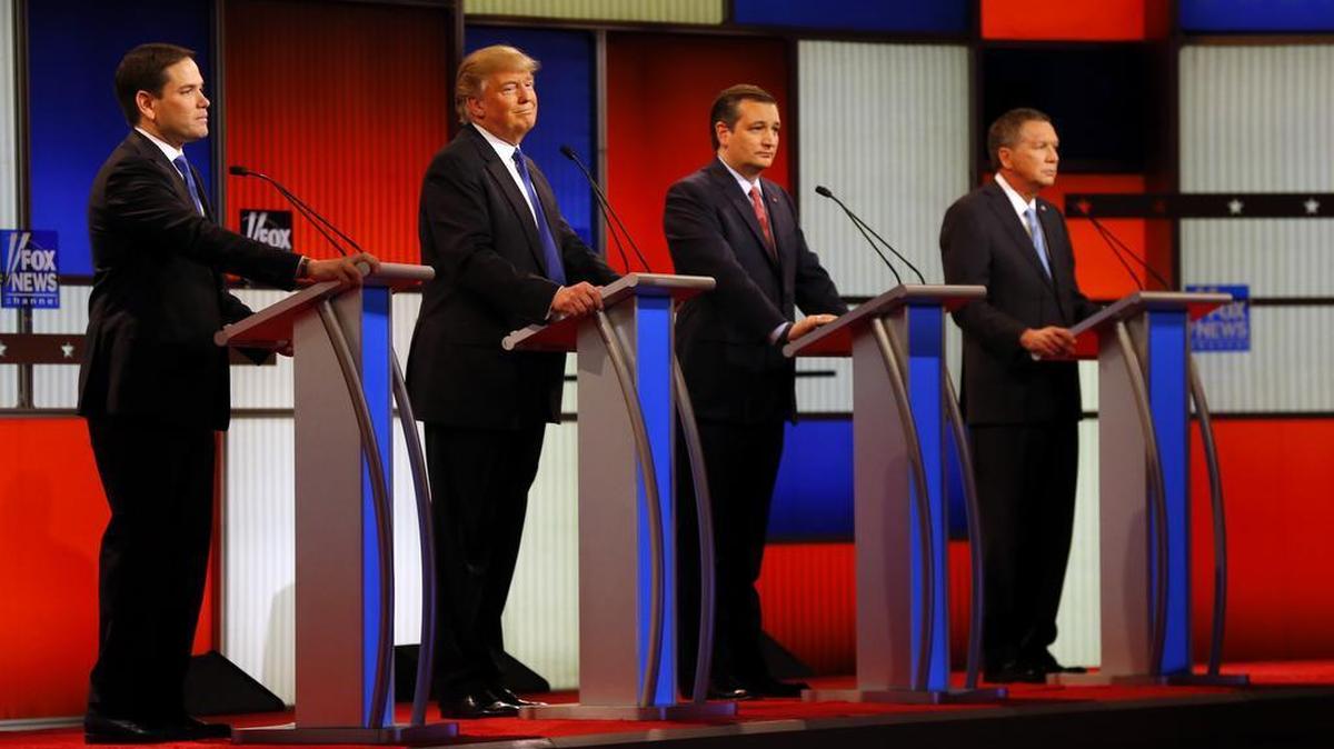 Republican presidential candidates, Sen. Marco Rubio, R-Fla., businessman Donald Trump, Sen. Ted Cruz, R-Texas, and Ohio Gov. John Kasich appear during a Republican presidential primary debate at Fox Theatre, Thursday, March 3, 2016, in Detroit.