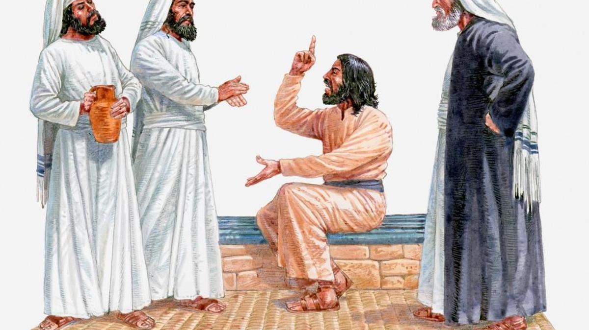 Illustration of Jesus Christ telling a group of Pharisees that they should follow the spirit, not the letter of the law, according to the Gospel of Luke.