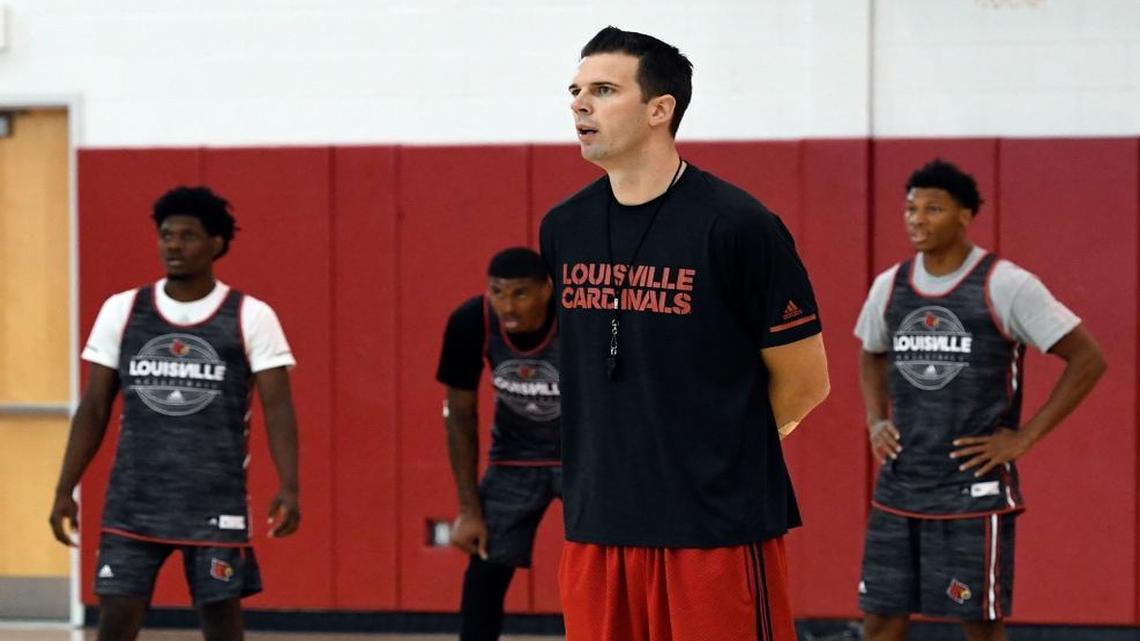 University of Louisville acting men’s head basketball coach David Padgett watched his team participate in drills during practice on Wednesday.