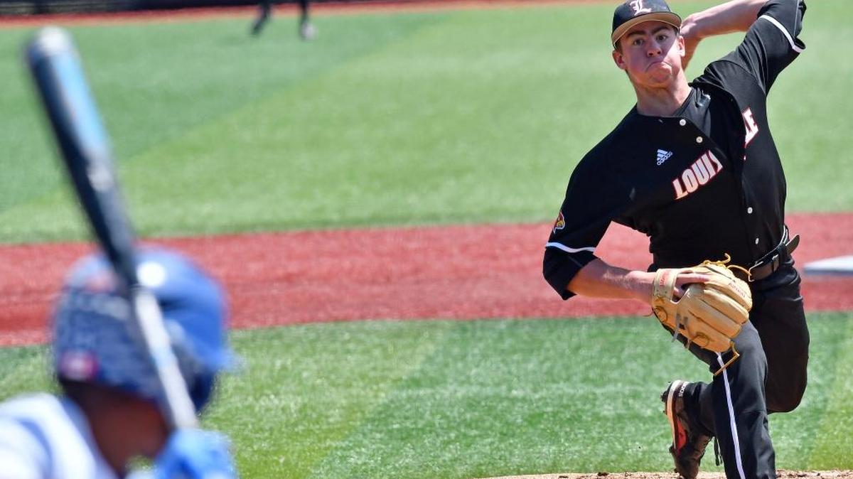 Louisville's Brendan McKay pitches to a Kentucky batter during the first inning of an NCAA college baseball tournament super regional game in Louisville, June 10, 2017. McKay's fastball-hurling left arm has made him a potential No. 1 overall pick in the Major League Baseball draft. Thing is, so has the Louisville slugger's bat. The Cardinals star is one of college baseball's greatest two-way players, a rare talent who has given big league ballclubs a tough question to consider: Do they take McKay as a pitcher, hitter–or both?
