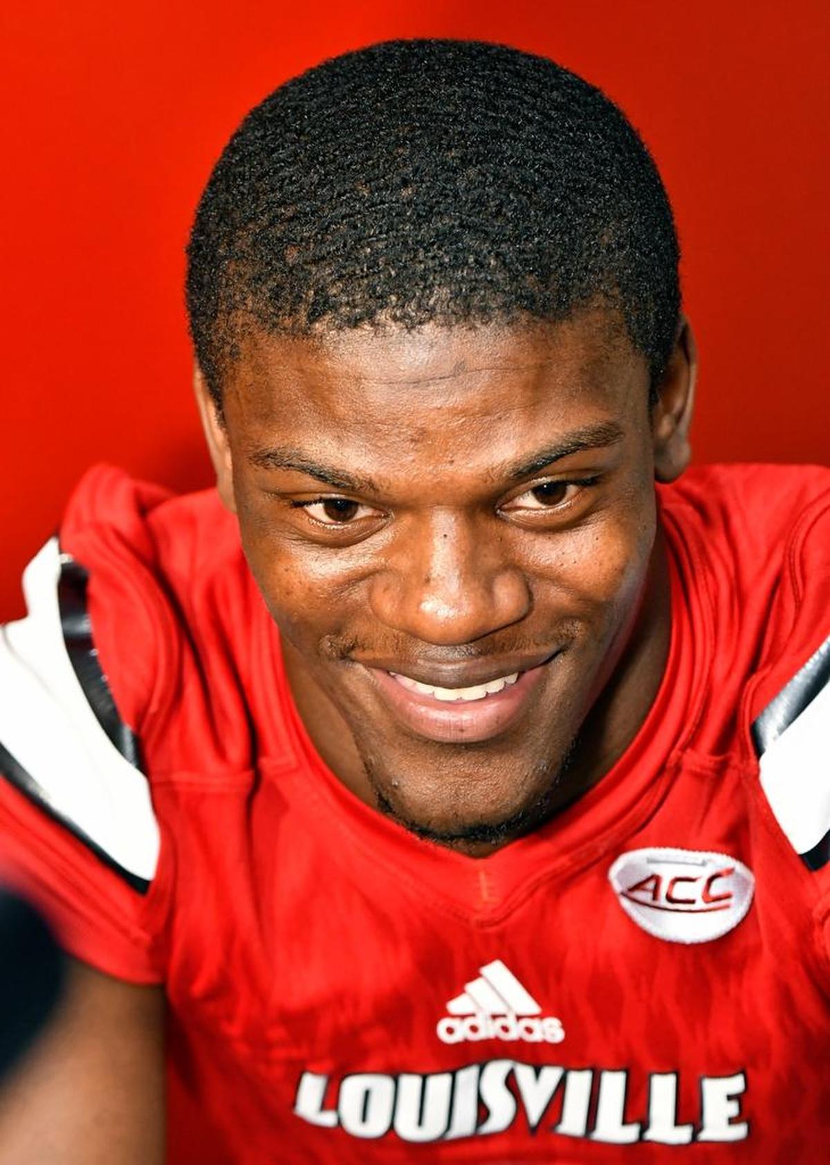 Louisville junior quarterback Lamar Jackson spoke during the football team’s media day on Aug. 5 in Louisville.