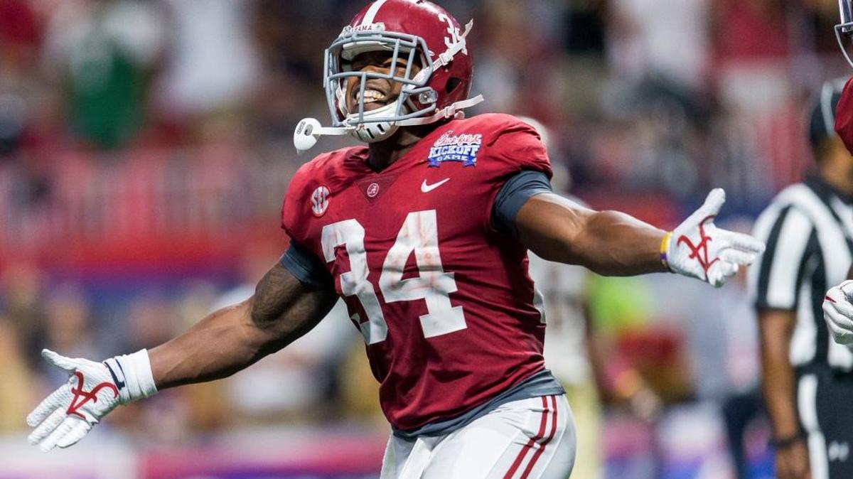 Alabama running back Damien Harris celebrated his touchdown against Florida State during the second half of an NCAA college football game, Saturday, Sept. 2, 2017, in Atlanta.