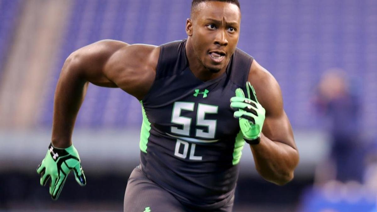 Eastern Kentucky defensive lineman Noah Spence performed a drill at the NFL football scouting combine on Feb. 28, 2016, in Indianapolis.