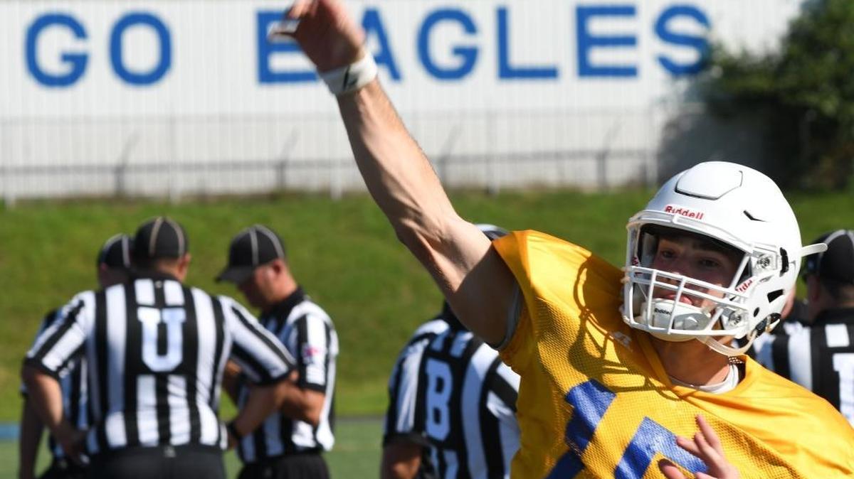 Morehead State quarterback Austin Gahafer warms up for a scrimmage Friday, August 12, 2016 at Jayne Stadium in Morehead, Ky.