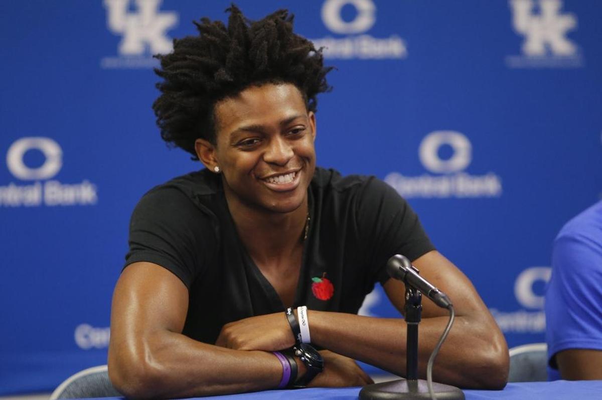 Former UK Basketball player De'Aaron Fox answer questions from the media before taking part in the 2017 John Calipari UK Pro Camps at the Joe Craft Center in Lexington, Ky., on Tuesday, August 1, 2017.