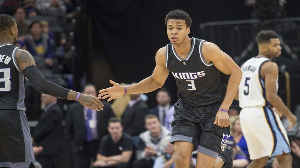 Sacramento Kings forward Skal Labissiere (3) is congratulated by teammate Sacramento Kings guard Ben McLemore (23) after he scored a basket against the Memphis Grizzlies during their game at Golden 1 Center in Sacramento, California on Saturday, Dec. 31, 2016.