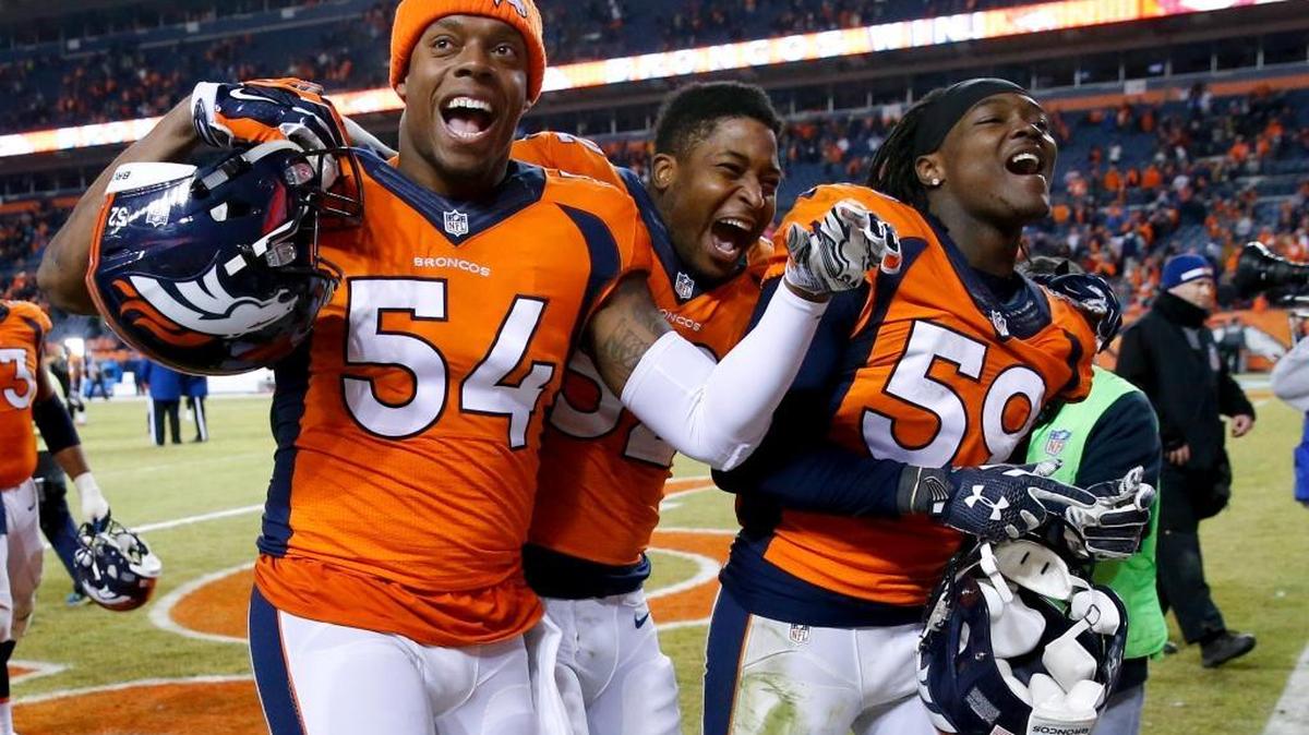 Denver Broncos inside linebacker Brandon Marshall, from left, outside linebacker Corey Nelson and inside linebacker Danny Trevathan celebrates after their 27-20 win against the San Diego Chargers on Sunday, Jan. 3, 2016, in Denver.
