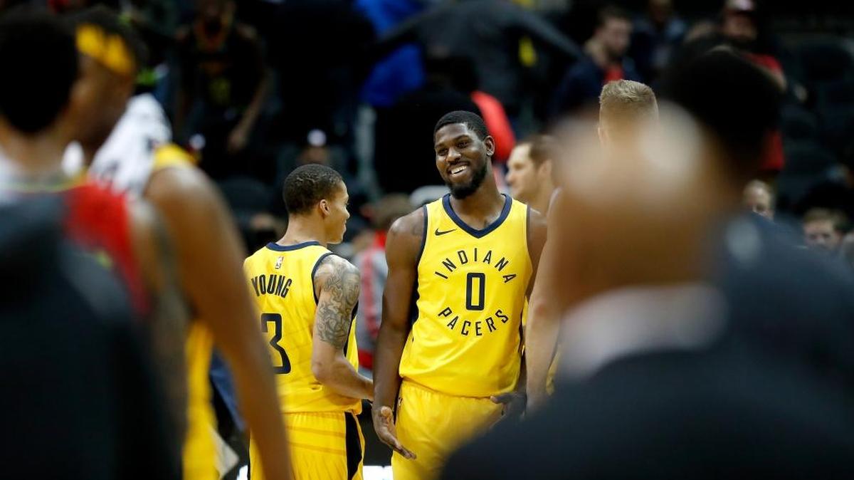 Indiana’s Alex Poythress, right, smiled next to teammate Joe Young after the Pacers beat the Atlanta Hawks on Dec. 20.