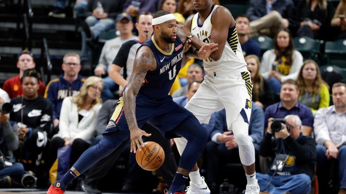 New Orleans Pelicans center DeMarcus Cousins (0) drives on Indiana Pacers center Myles Turner (33) during the second half of an NBA basketball game in Indianapolis, Tuesday, Nov. 7, 2017. The Pelicans defeated the Pacers 117-112.