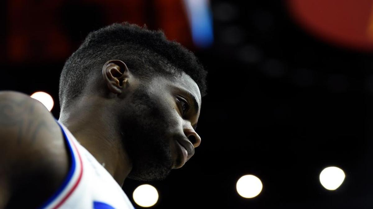 The Philadelphia 76ers' Nerlens Noel is seen during an NBA basketball game against the New York Knicks, Friday, April 8, 2016, in Philadelphia.