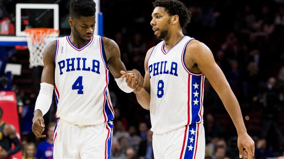 Sixers Coach Brett Brown wants more leadership from young stars Nerlens Noel, left, and Jahlil Okafor, right. Philadelphia lost 126-98 to Atlanta on Thursday, Jan. 7, 2016.