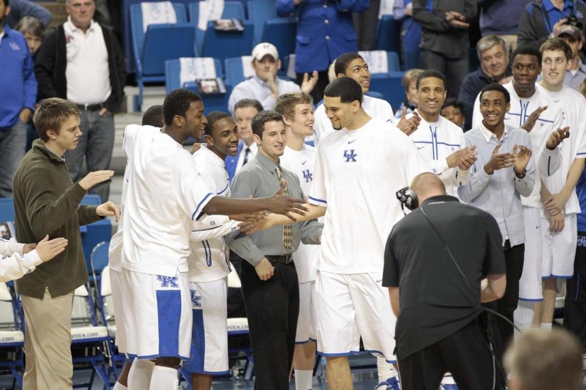 Eloy Vargas was congratulated by his team as he was introduced for Senior Night ceremonies before the Georgia game in Rupp Arena in Lexington on March 1, 2012.