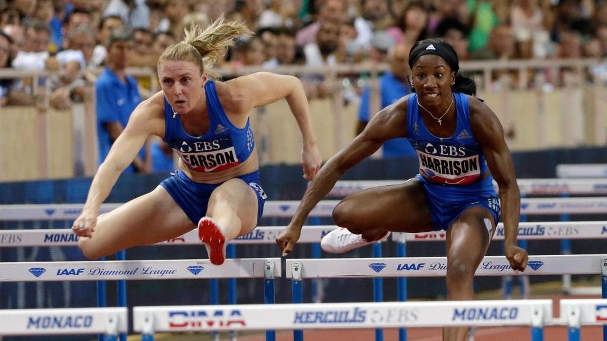 Former UK standout Kendra Harrison, right, competed in the women's 100-meter hurdles ahead of Sally Pearson during the IAAF Diamond League Athletics meeting at the Louis II Stadium in Monaco on July 21. Harrison won the race in 12.51 seconds.