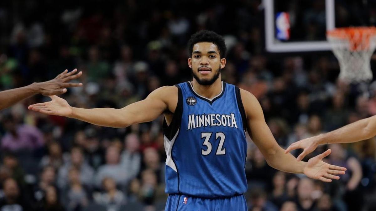 Minnesota Timberwolves center Karl-Anthony Towns (32) during the second half of an NBA basketball game against the San Antonio Spurs, Monday, Dec. 28, 2015, in San Antonio. San Antonio won 101-95.