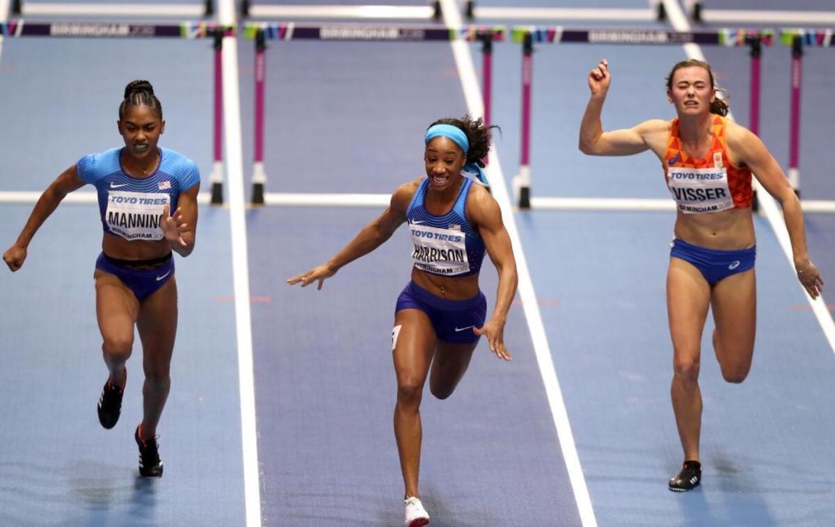 From left, United States silver-medalist Christina Manning, United States gold-medalist Kendra Harrison and Netherlands bronze-medalist Nadine Visser competed in the women’s 60-meter hurdles finals at the World Athletics Indoor Championships in Birmingham, Britain, on Saturday.