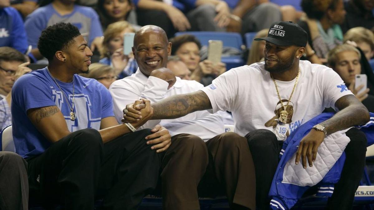 Anthony Davis, Kentucky assistant coach Kenny Payne and DeMarcus Cousins joked around during Big Blue Madness in Rupp Arena on Oct. 16, 2015, in Lexington.