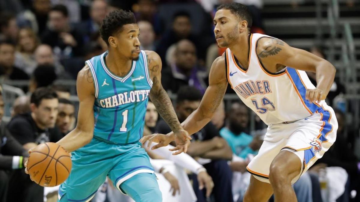 The Charlotte Hornets’ Malik Monk (1) was guarded by the Oklahoma City Thunder’s Josh Huestis (34) during the second half on Jan. 13, 2018.