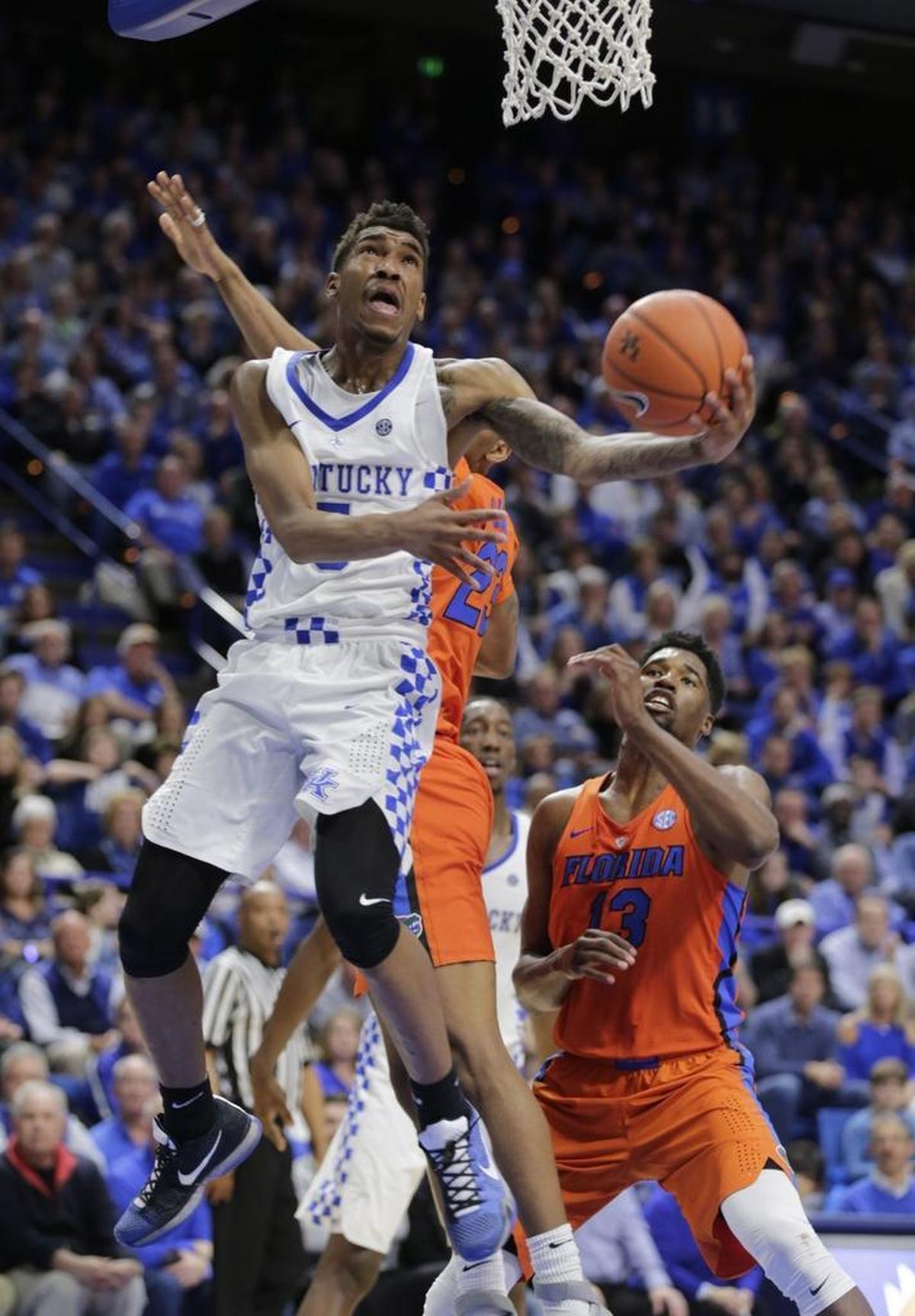 Kentucky guard Malik Monk (5) scored two of his 33 points in the second half of the Florida at Kentucky men's basketball game at Rupp Arena in Lexington, Ky., on Feb. 25, 2017. Kentucky beat Florida 76-66