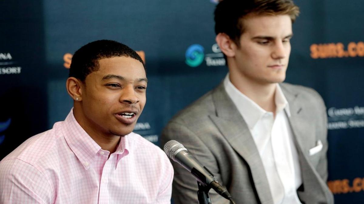 Phoenix Suns second-round draft pick Tyler Ulis, left, spoke as first-round draft pick Dragan Bender listened, Friday, June 24, 2016, in Phoenix.