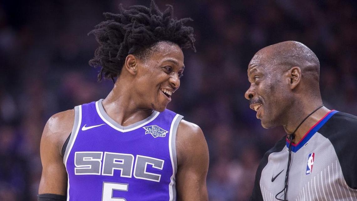 Sacramento Kings guard De’Aaron Fox talked with referee Derek Richardson during his team’s loss against the Houston Rockets on Oct. 18, 2017, at the Golden 1 Center in Sacramento, Calif.