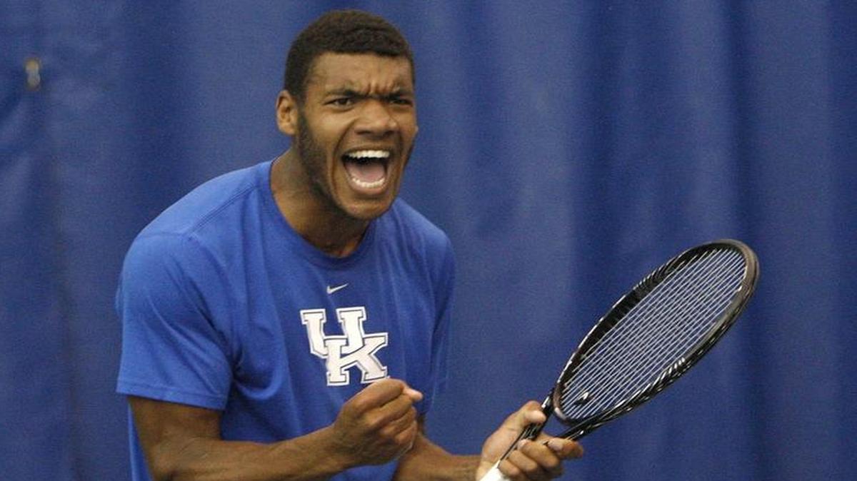 UK's Tom Jomby reacts to winning a point while playing Clemson during the second round of the NCAA Tennis Championships at the Hilary J. Boone Tennis Complex at UK in Lexington, Ky., Saturday, May 10, 2014.