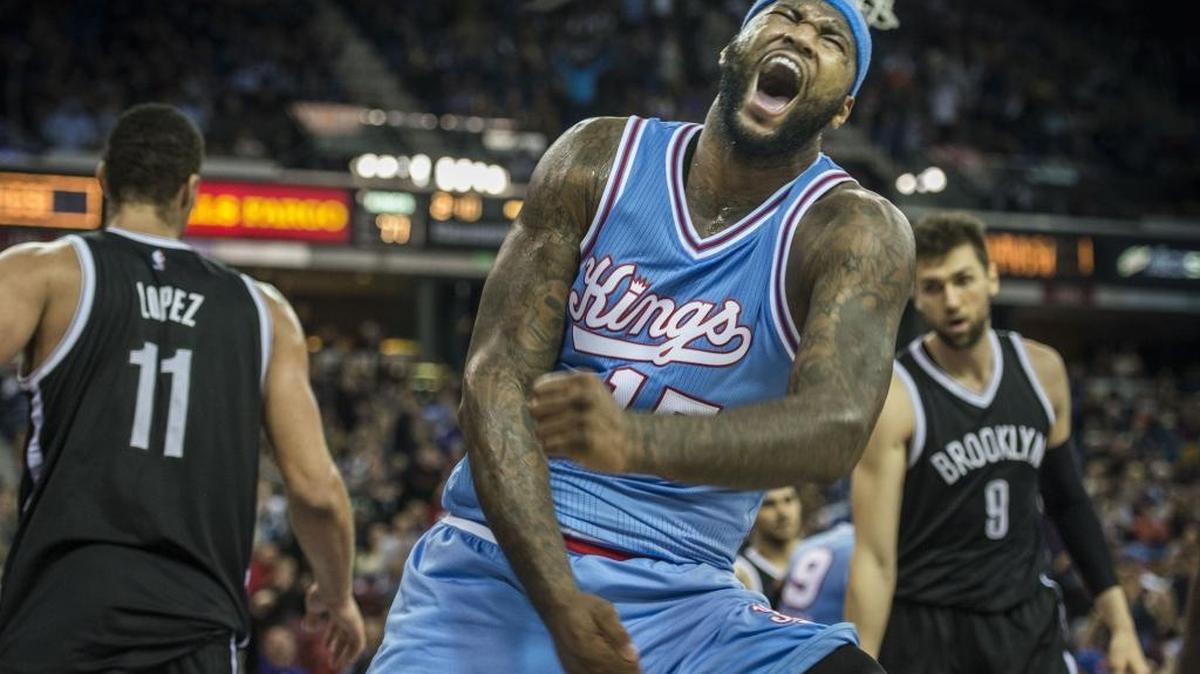 Kings forward DeMarcus Cousins (15) celebrated after he scored a basket and was fouled against the Nets in Sacramento, Calif., on Friday, Nov. 13, 2015.
