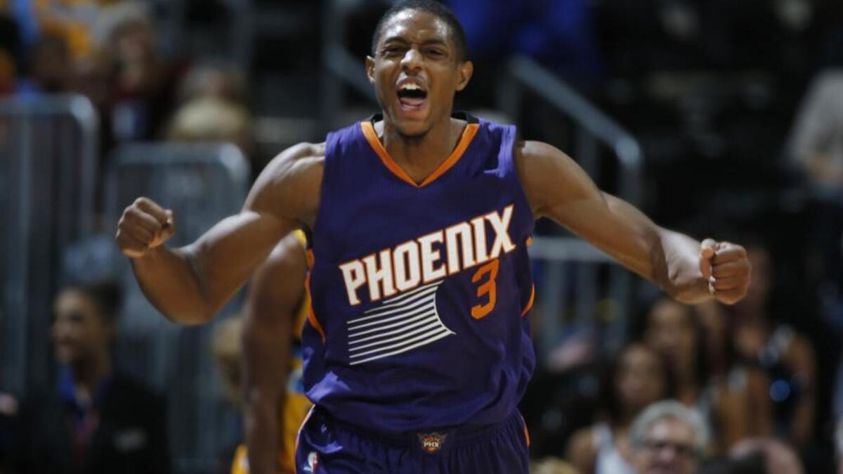 Phoenix Suns guard Brandon Knight celebrated after hitting a key basket against the Denver Nuggets late in the second half on Friday, Nov. 20, 2015, in Denver. Phoenix won 114-107.