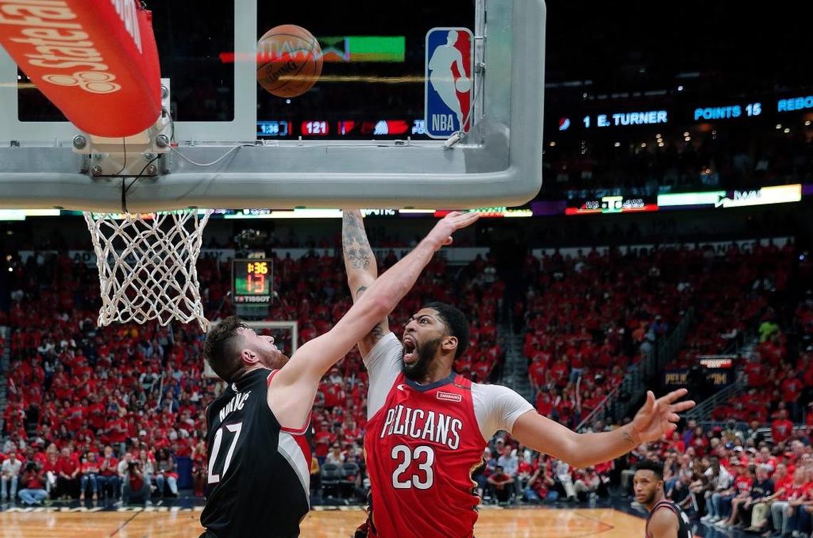 Pelicans forward Anthony Davis (23) took a shot against Trail Blazers center Jusuf Nurkic (27) during the second half of Game 4 of a first-round playoff series in New Orleans on Saturday.