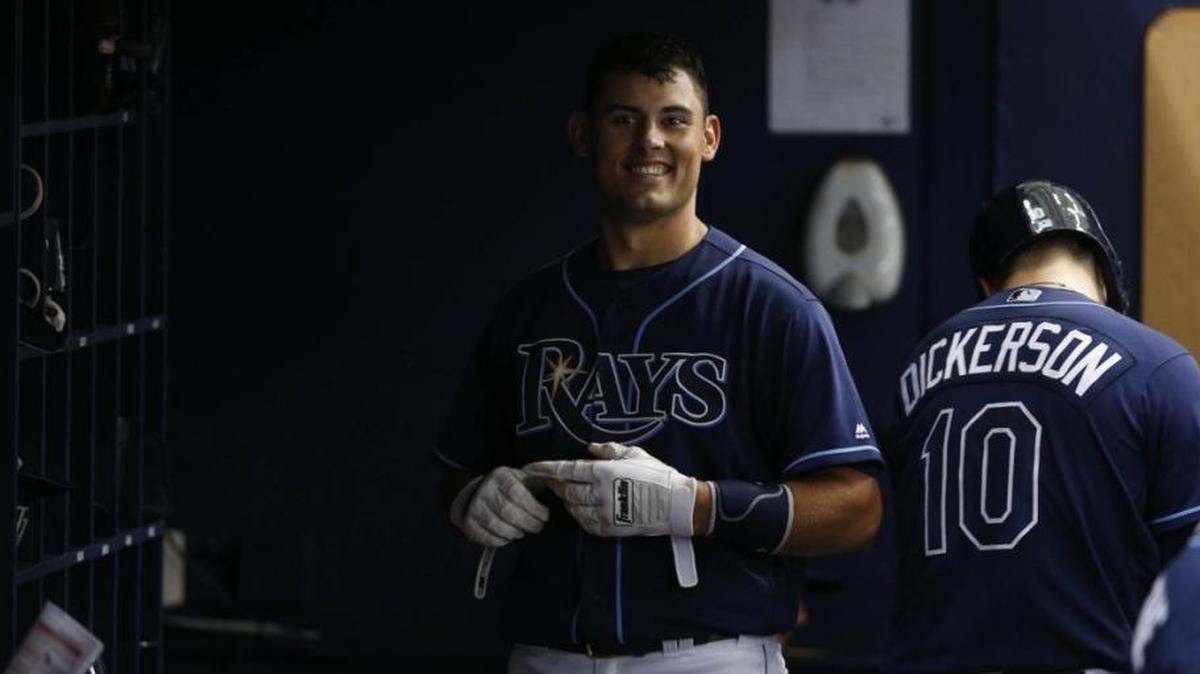 Tampa Bay Rays catcher Luke Maile, who starred in college at Kentucky, smiled after hitting his first career home run Saturday against the Texas Rangers.