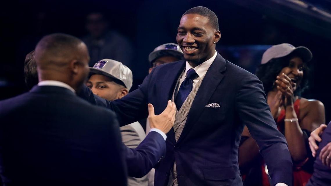 Bam Adebayo smiles after being selected by the Miami Heat as the 14th pick overall during the NBA basketball draft, Thursday, June 22, 2017, in New York.