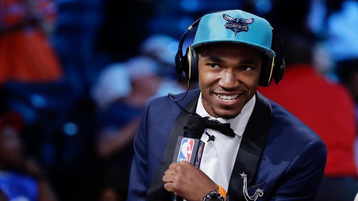 Malik Monk answers questions during an interview after being selected by the Charlotte Hornets as the 11th pick overall during the NBA basketball draft, Thursday, June 22, 2017, in New York.