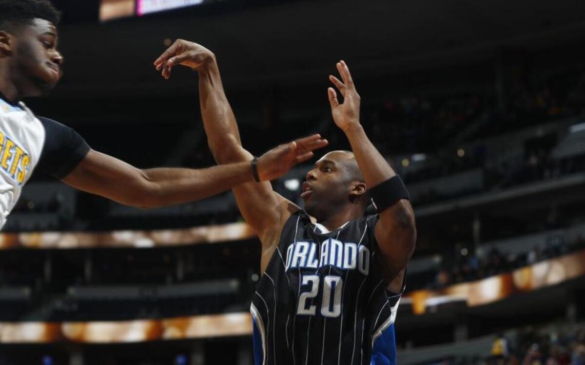 Orlando Magic guard Jodie Meeks (20) in the first half of an NBA basketball game Monday, Jan. 16, 2017, in Denver.