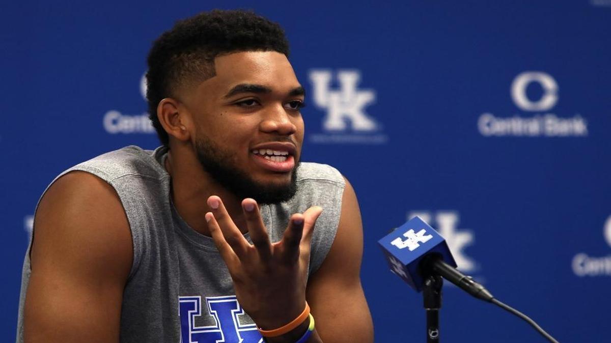 Former UK player Karl-Anthony Towns spoke to the media while in town for a youth basketball camp in Memorial Coliseum on July 23.