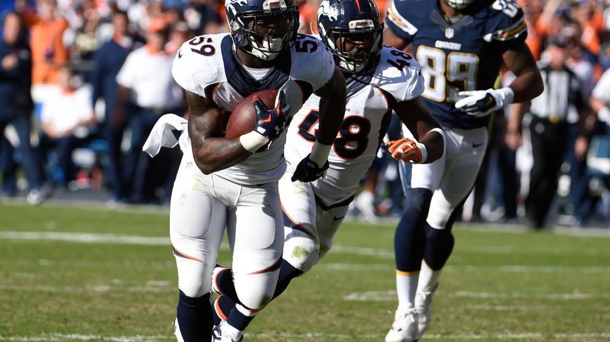 Broncos inside linebacker Danny Trevathan scored on a interception return against the Chargers during the first half Sunday.