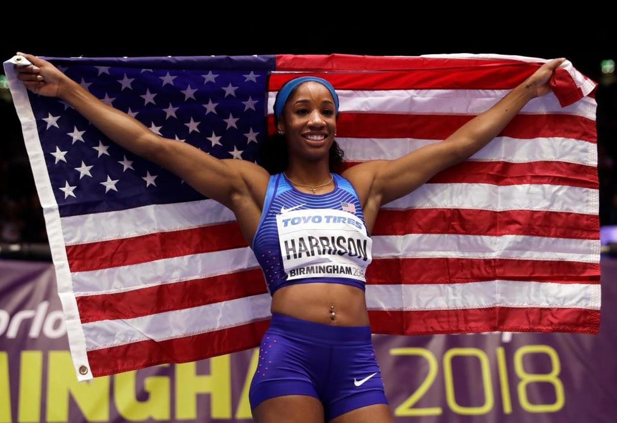 Gold medalist Kendra Harrison of the United States, a former NCAA champion at Kentucky, celebrated her win in the women’s 60-meters hurdles at the 2018 world championships.