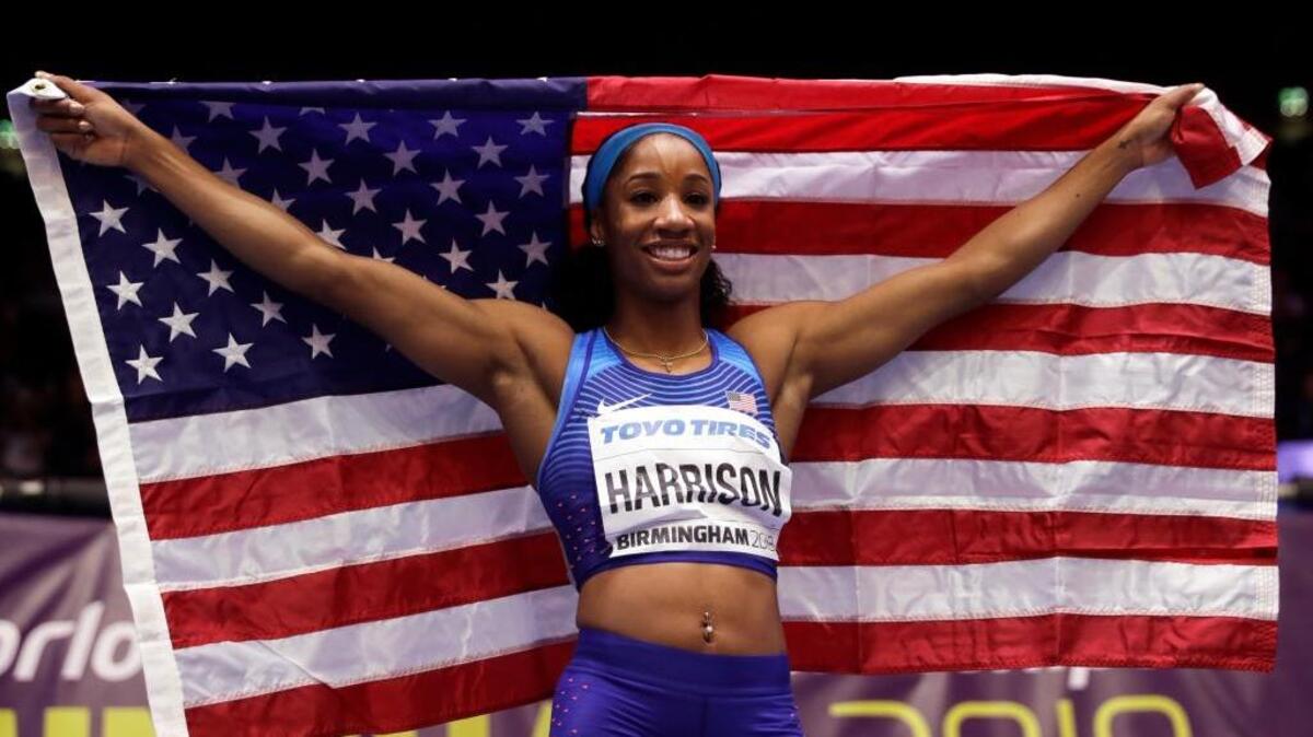 Gold medalist Kendra Harrison of the United States celebrated her win in the women’s 60-meters hurdles at the world championships.