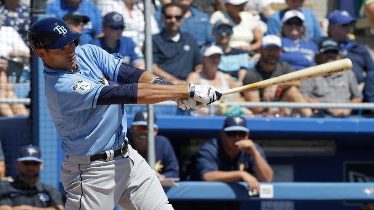 Tampa Bay Rays' Luke Maile bats against the Toronto Blue Jays in a spring training baseball game, Saturday, March 18, 2017, in Dunedin, Fla.