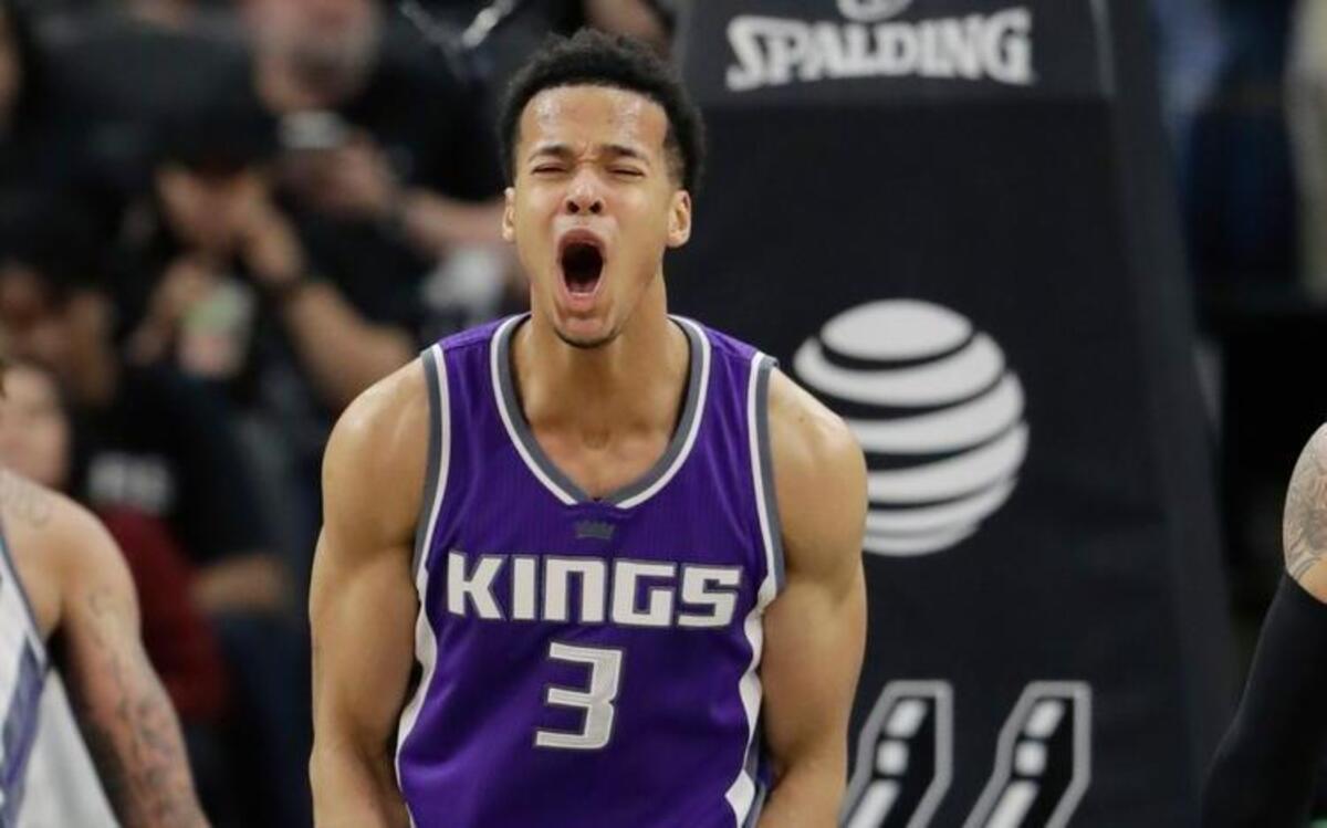 Sacramento Kings forward Skal Labissiere (3) reacts after he was called for a foul during the second half of the team's NBA basketball game against the San Antonio Spurs, Wednesday, March 8, 2017, in San Antonio. The Spurs won 114-104.