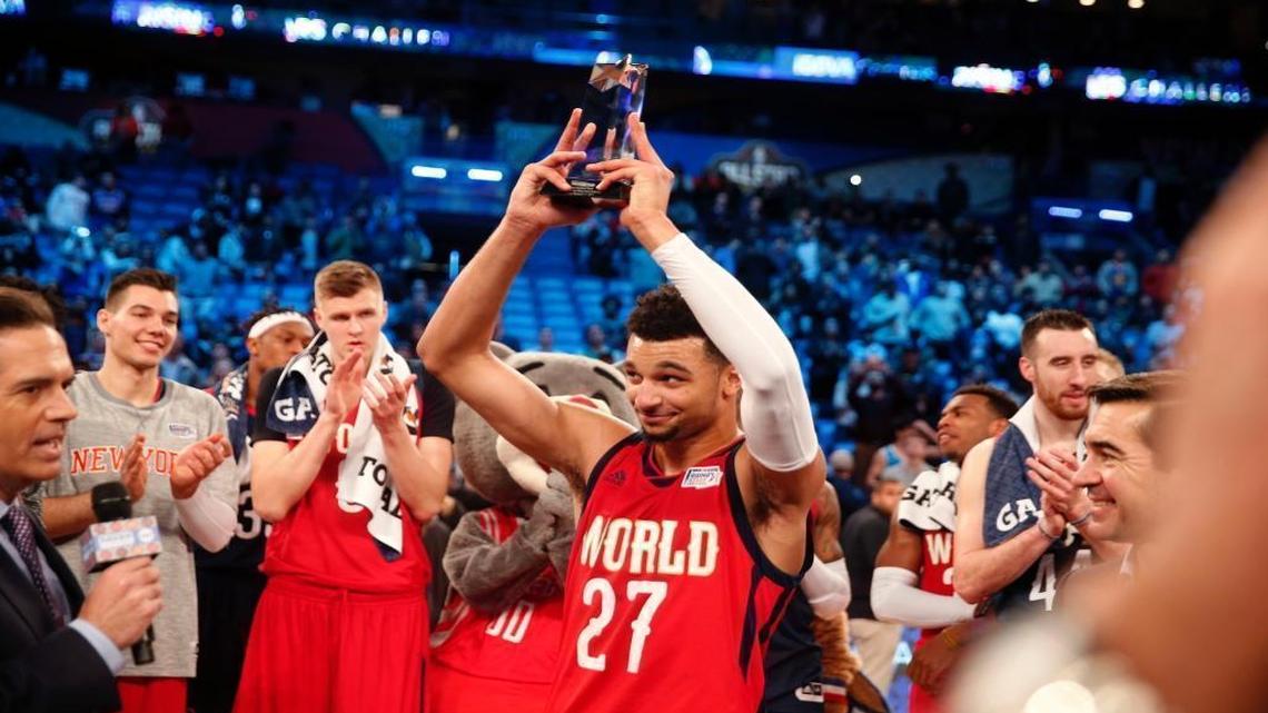 World Team guard Jamal Murray of the Denver Nuggets (27) holds up his MVP trophy after the Rising Stars Challenge, part of NBA All-Star events in New Orleans, Friday, Feb. 17, 2017.